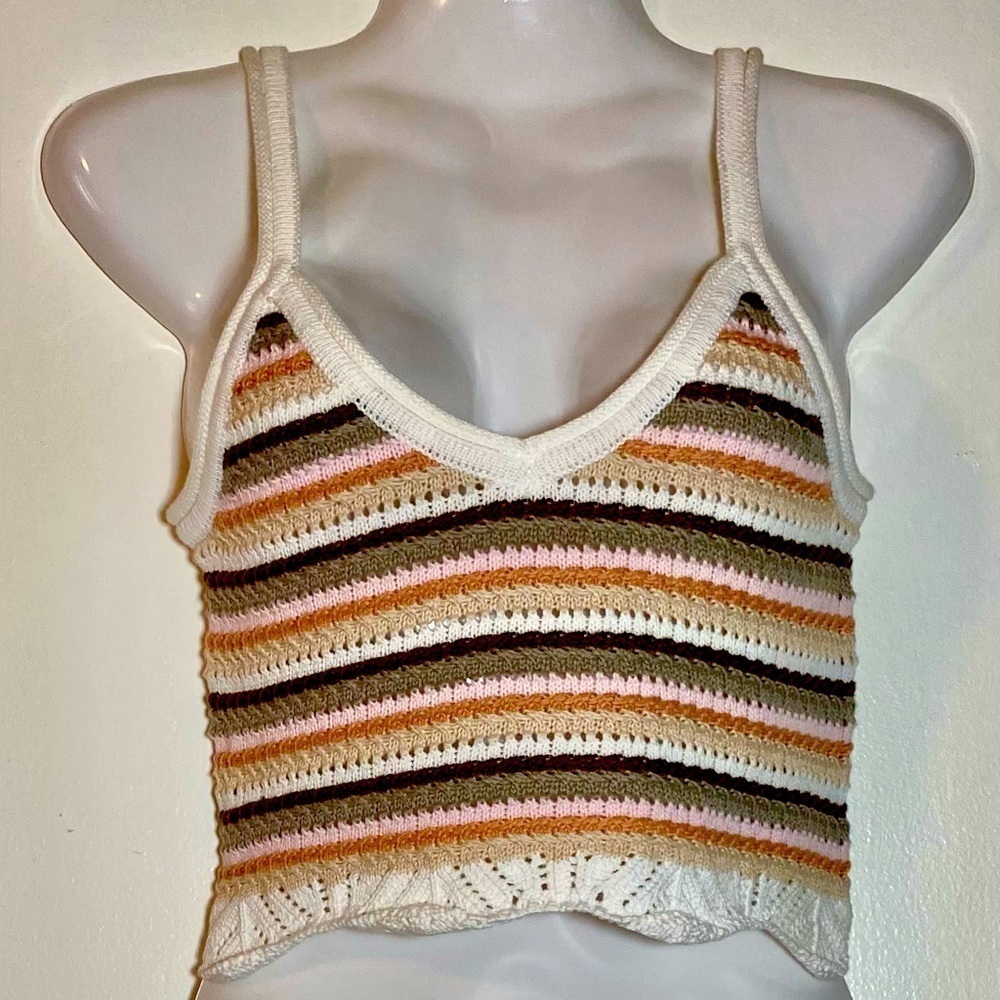 Full Tilt White and Tan Ruffled Crop Top